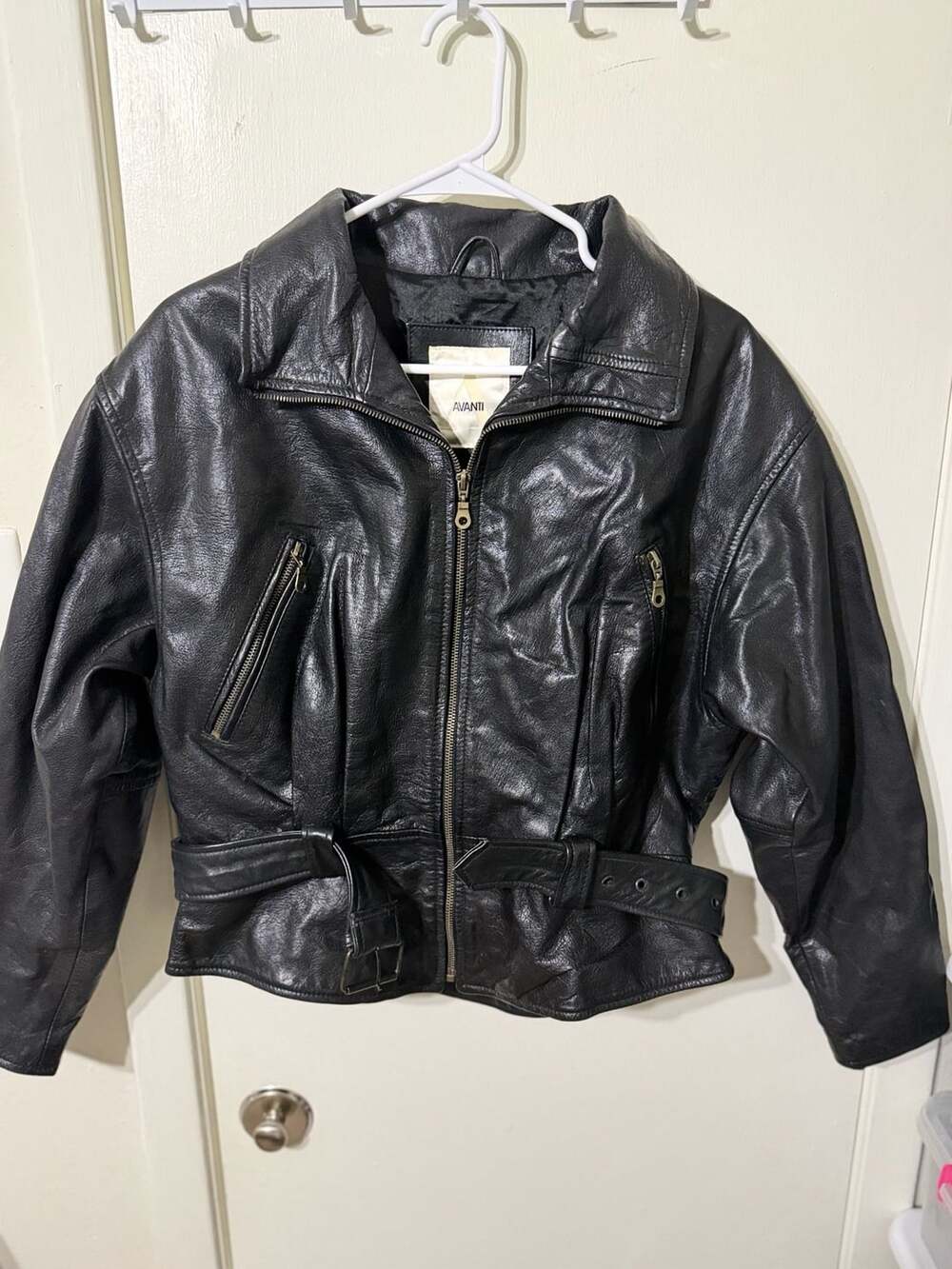 Avanti Leather Jacket Size M Black Moto Belted Zip Pockets